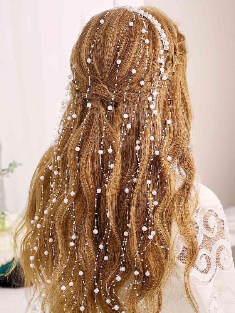 CASDRE Pearl Bride Wedding Headband Silver Bridal Headpiece Tassel Hair Vine Evening Party Hair Accessories for Women and Girls